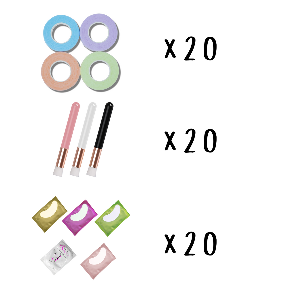 Wholesale lash vendor and manufacturer for small business houston texas - Includes 20 glue tapes, 20 lash shampoo brushes, and 20 pairs of under eye gel pads. 